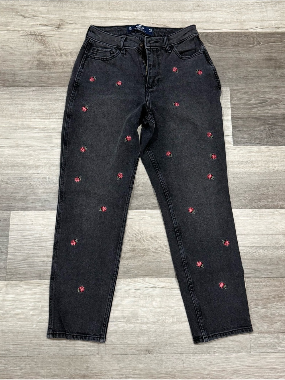 Hollister Black Boyfriend Jeans with Pink Rose Embroidery
